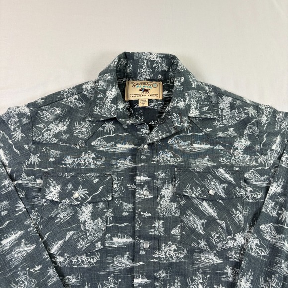 Western Aloha Shirt Mens Medium Gray Pearl Snap Up Cowboy Long Sleeve Island - Picture 3 of 10